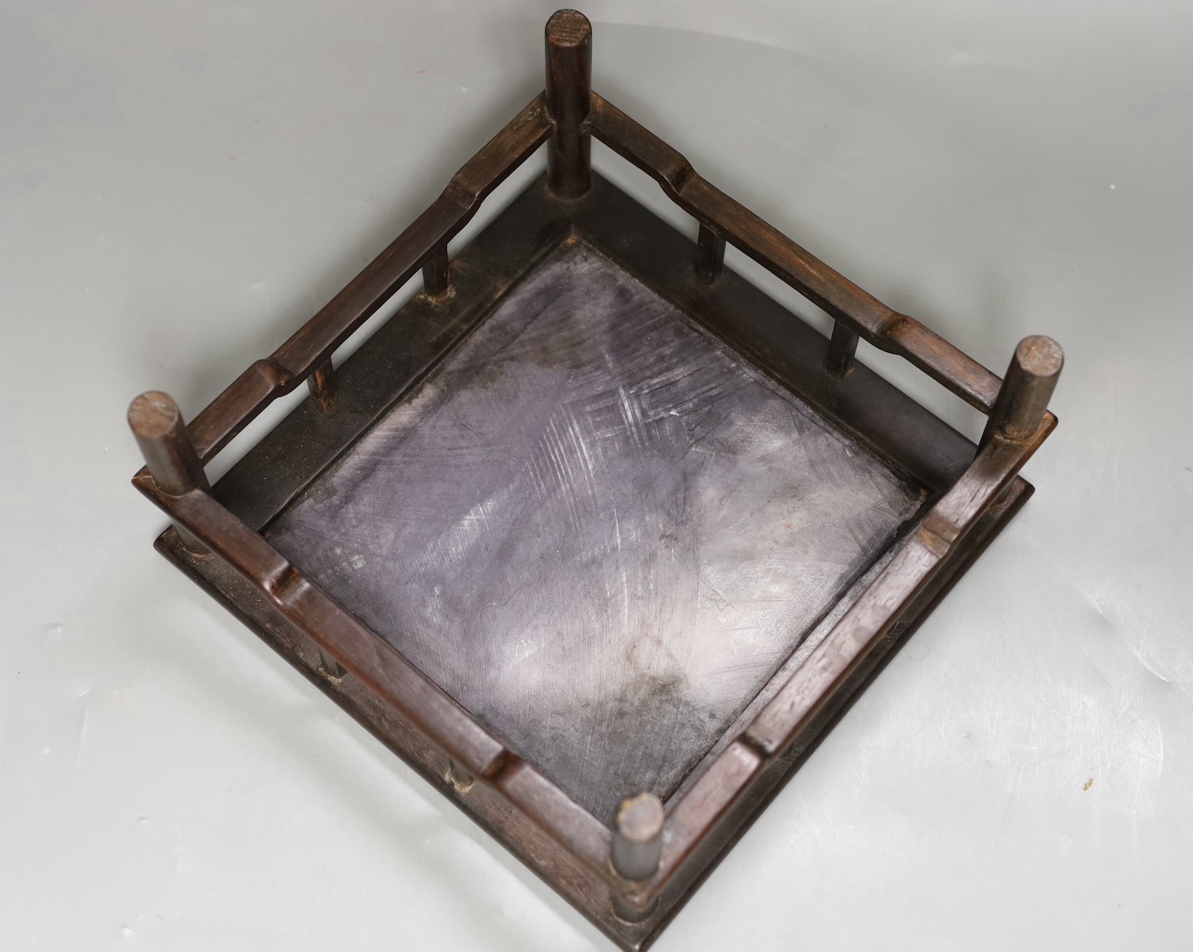 A late 19th century Chinese hongmu and dreamstone marble inset stand, 21cm sq